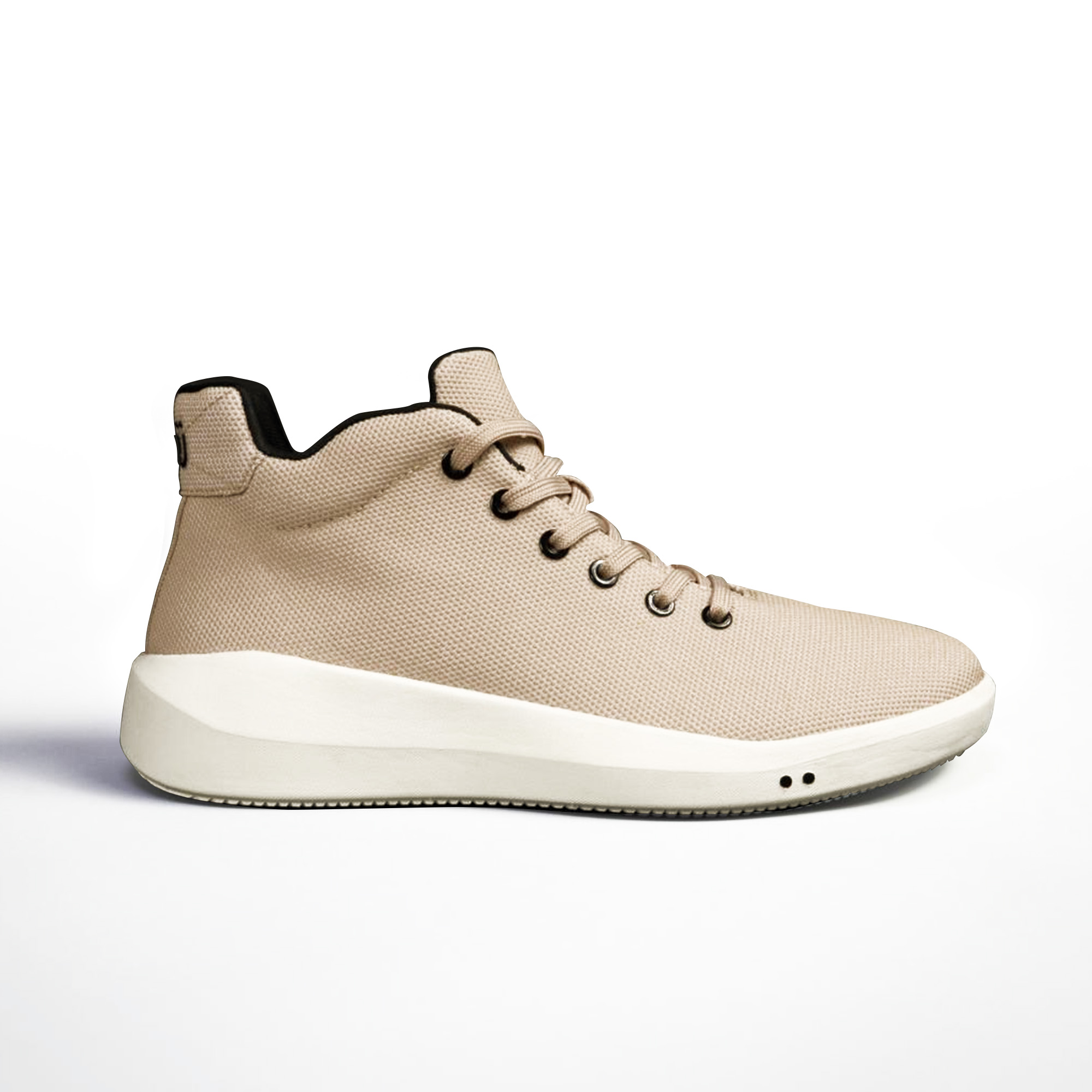 Beige high-top sneaker with white sole on a white background.