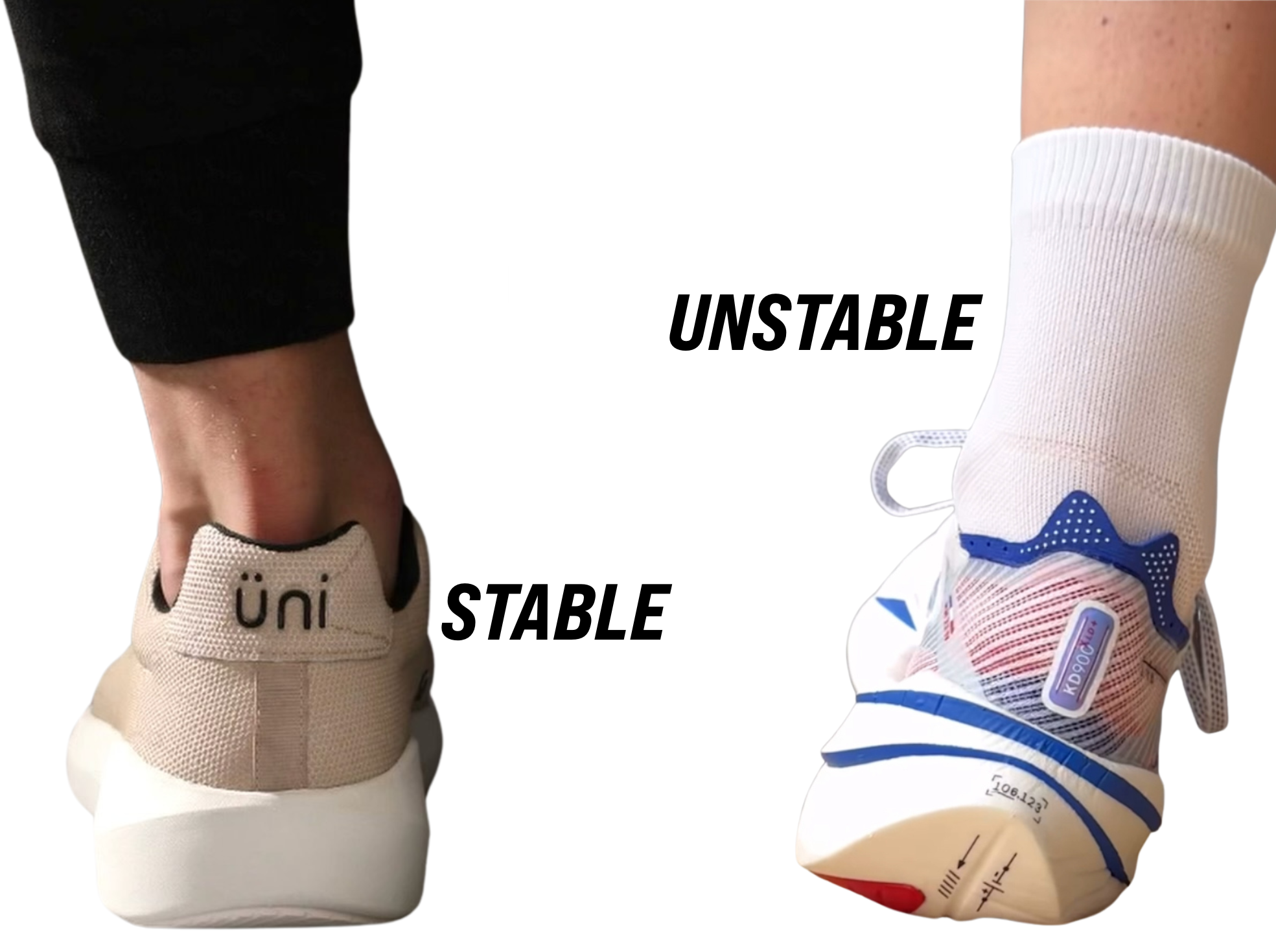 Comparison of two shoes with labels 'STABLE' and 'UNSTABLE.'