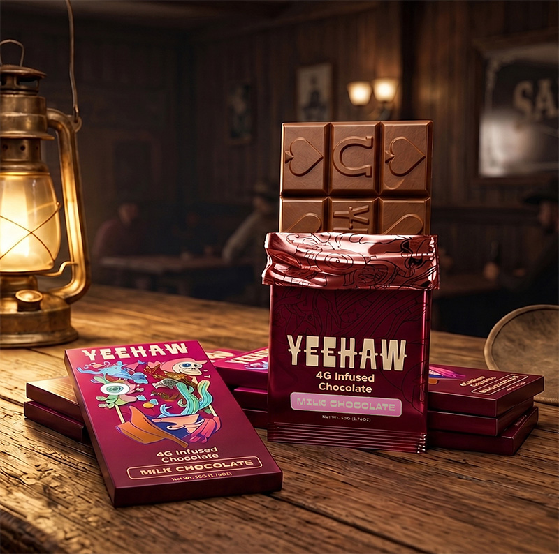 Yeehaw brand milk chocolate bars displayed on a rustic wooden table next to a lit lantern.