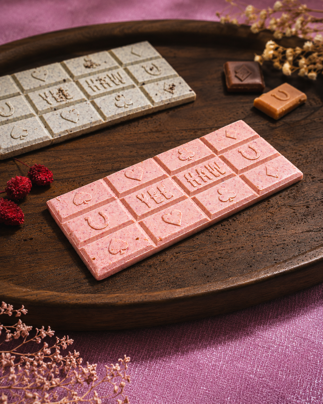 Three illustrated Yeehaw chocolate bars floating over a desert road leading to a celestial rock archway.