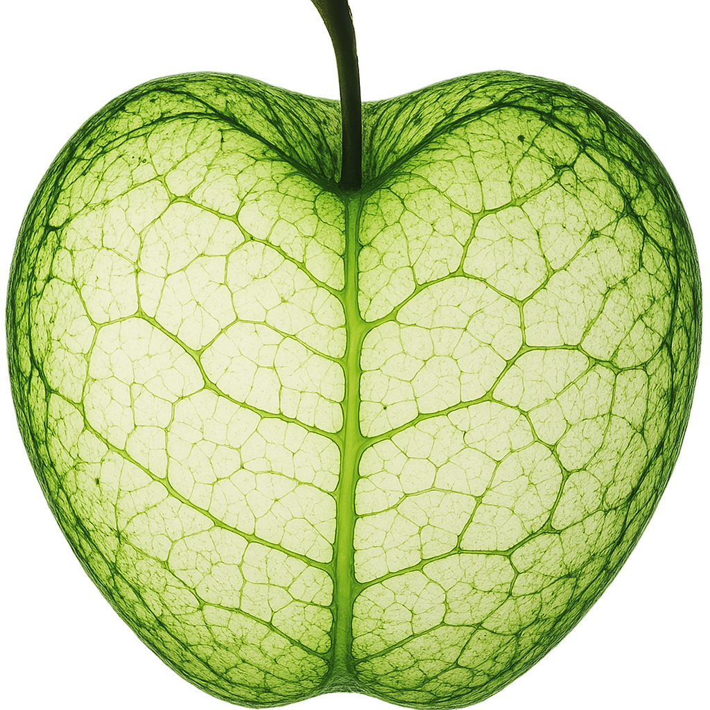 Close-up of a green leaf with visible veins, shaped like an apple.