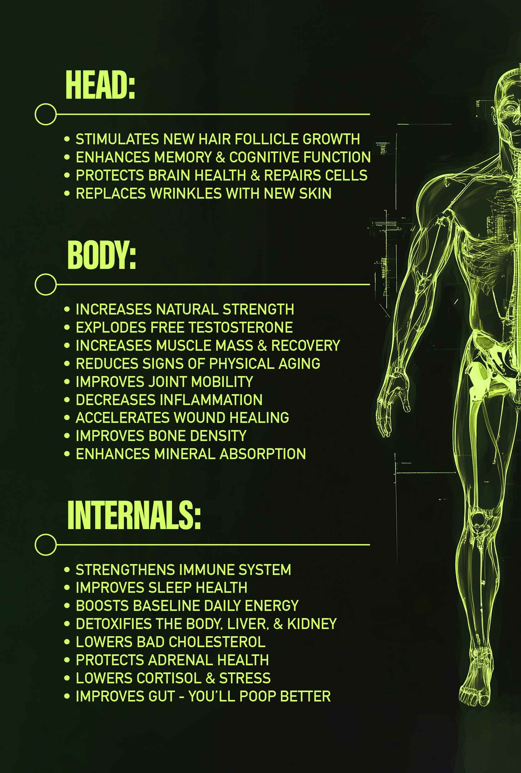 Infographic listing health benefits for head, body, and internals with a human anatomy illustration.