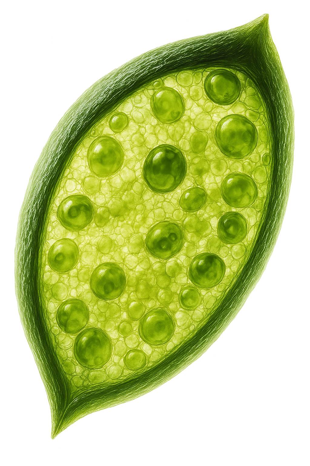 Close-up of a green leaf with visible cells and bubbles.
