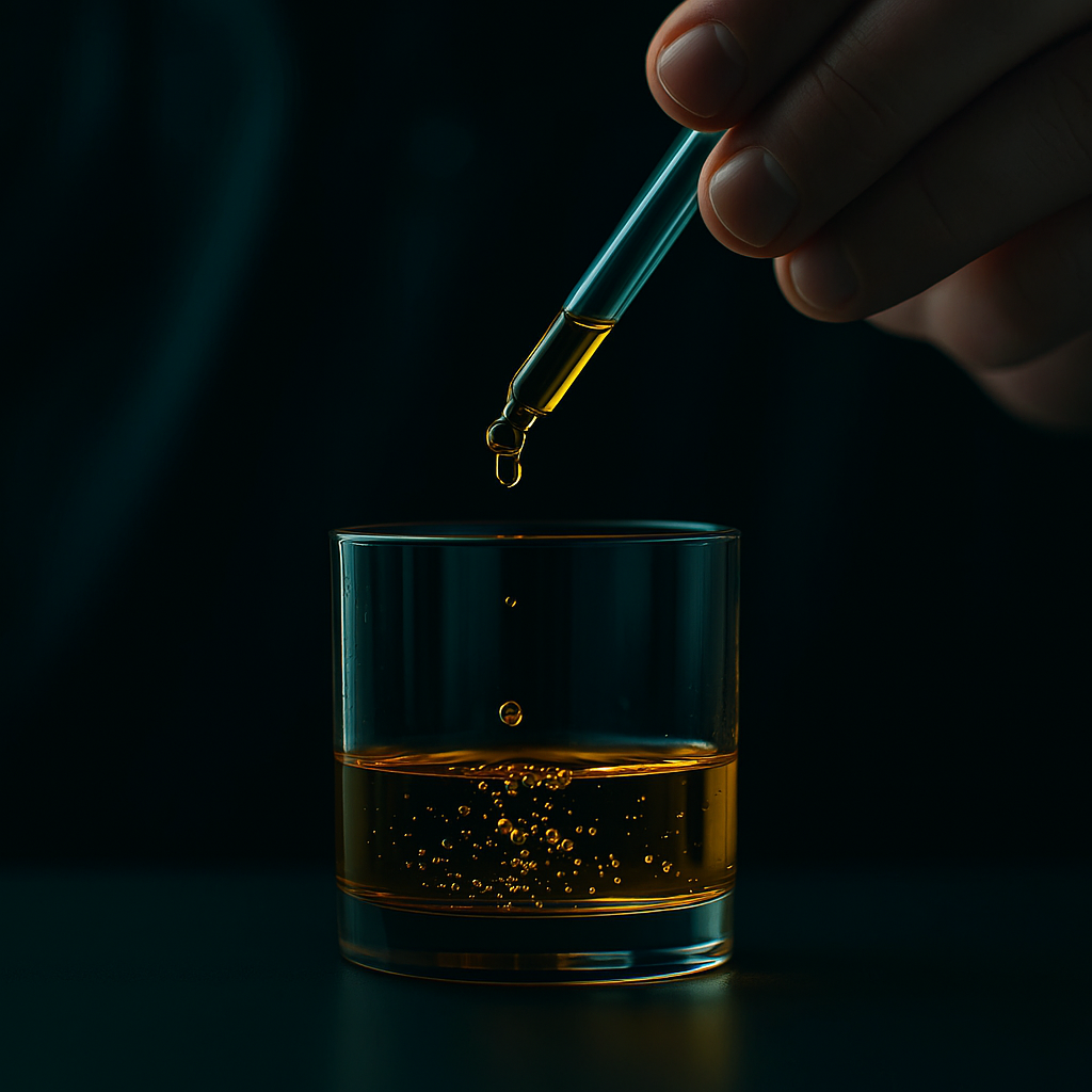 Hand holding dropper above glass with liquid and bubbles.