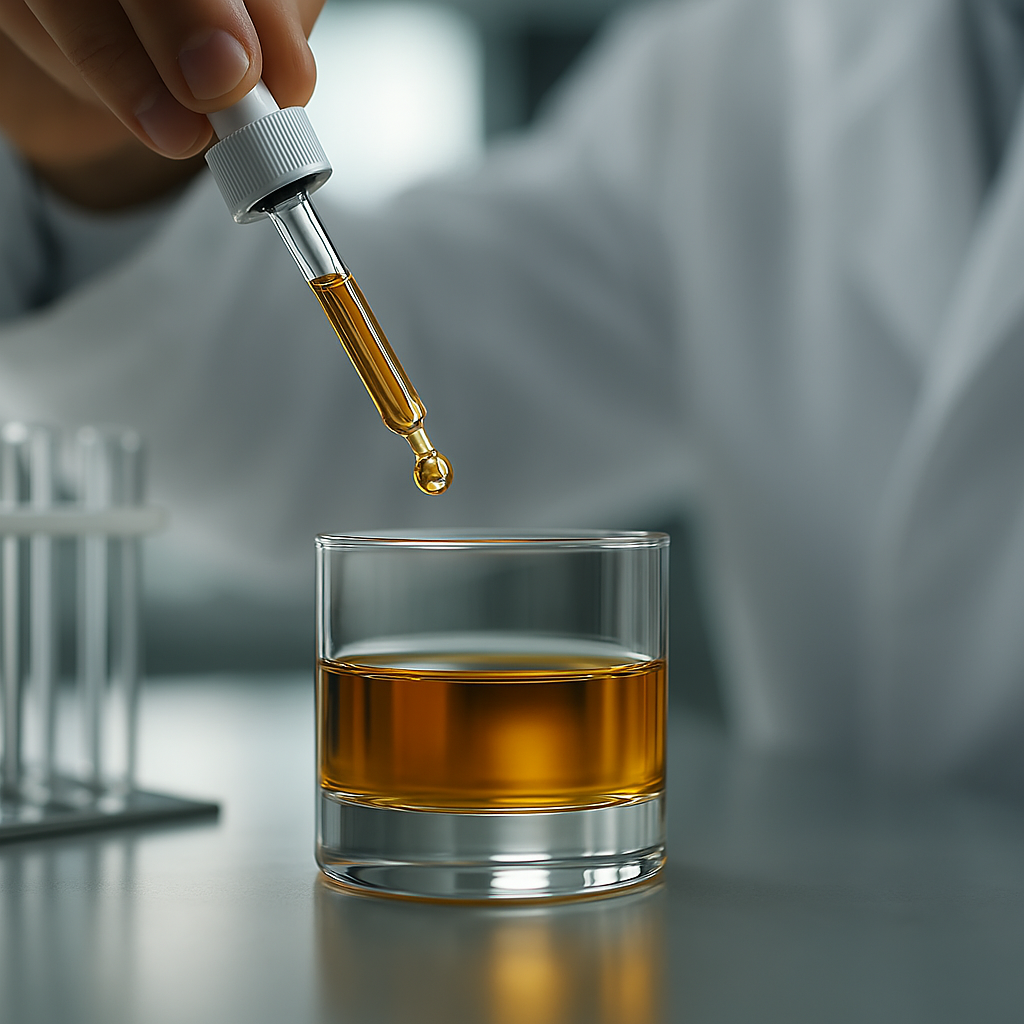 Dropper adding liquid to a glass in a laboratory setting.