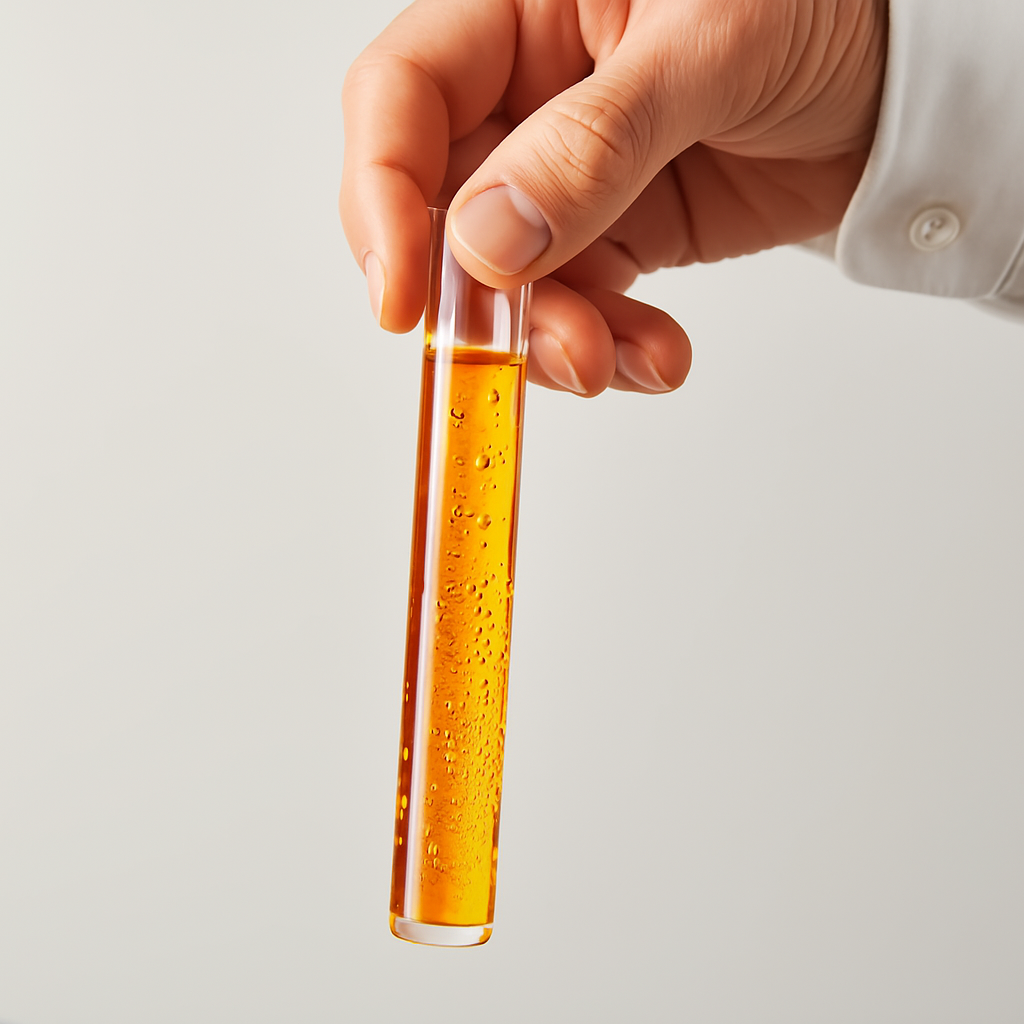 Hand holding a test tube with orange liquid.