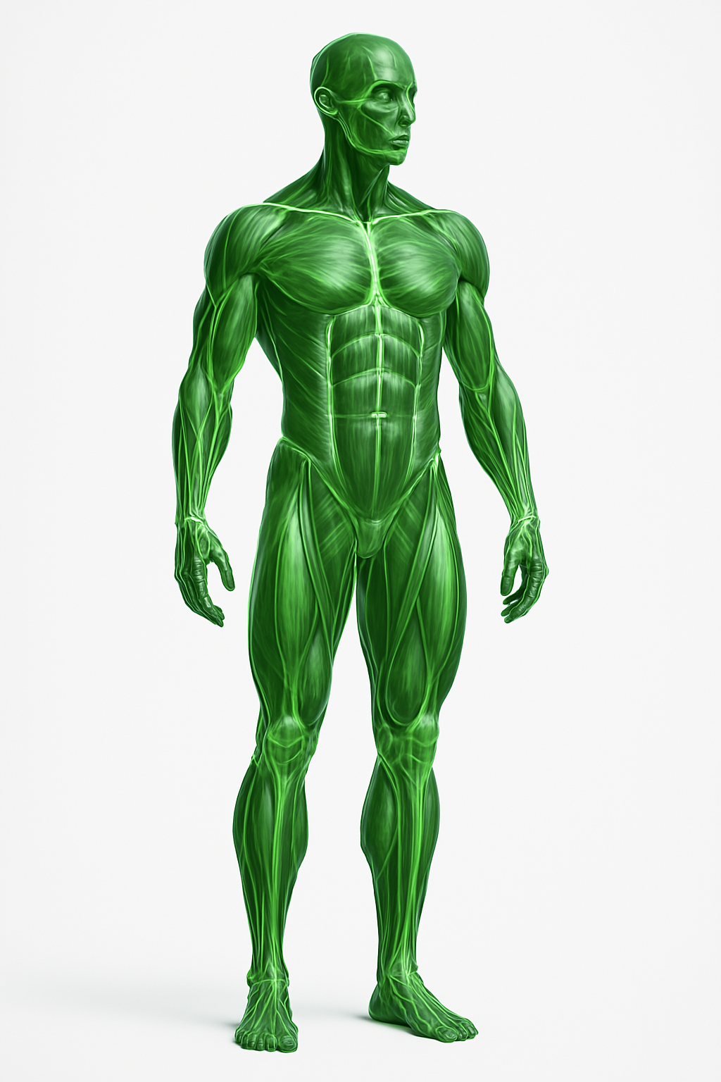 Green anatomical model of a human muscular system.