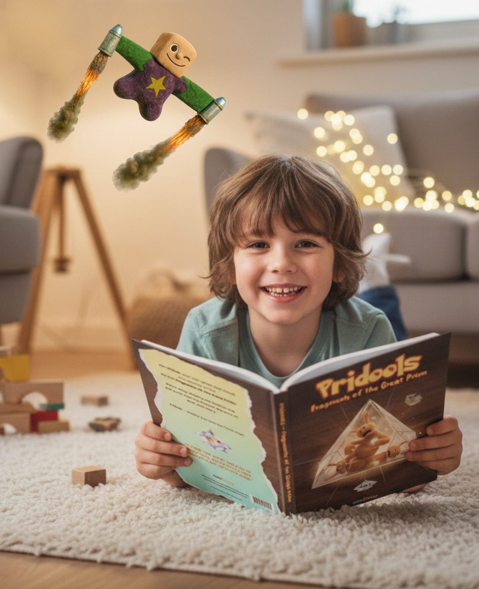 Child reading a book, with a toy jetpack figure above.
