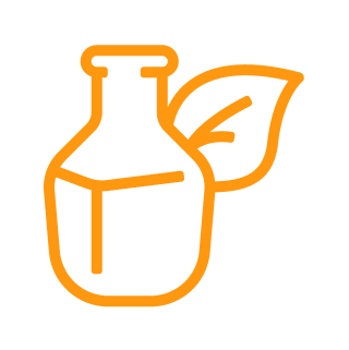 Outline of a bottle with a leaf, in orange.