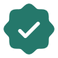A teal, starburst-shaped badge with a black checkmark inside.
