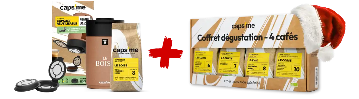 Coffee products with capsules and tasting set; one box has a Santa hat.