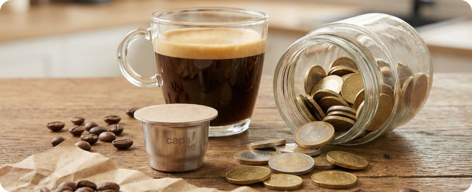 A glass of coffee, a reusable pod, coffee beans, and a jar of spilled Euro coins.