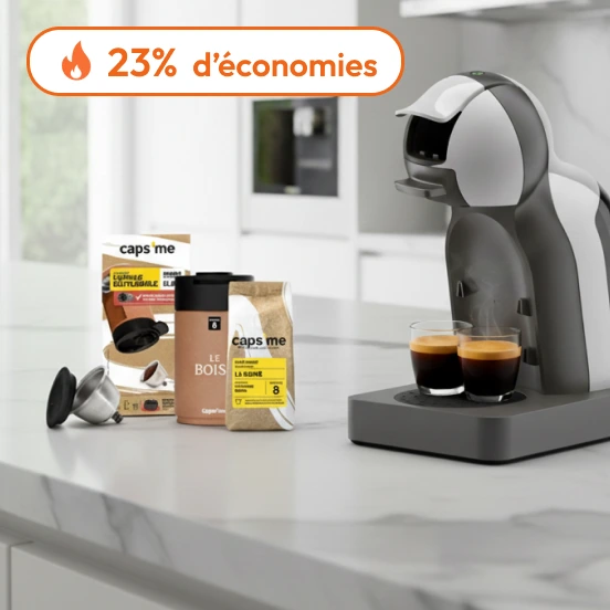 Coffee machine on counter with capsules, cups, and savings text.