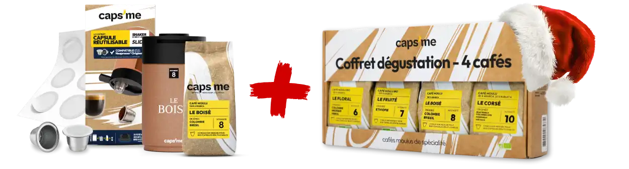 Coffee capsule products and a coffee tasting box with a Santa hat.