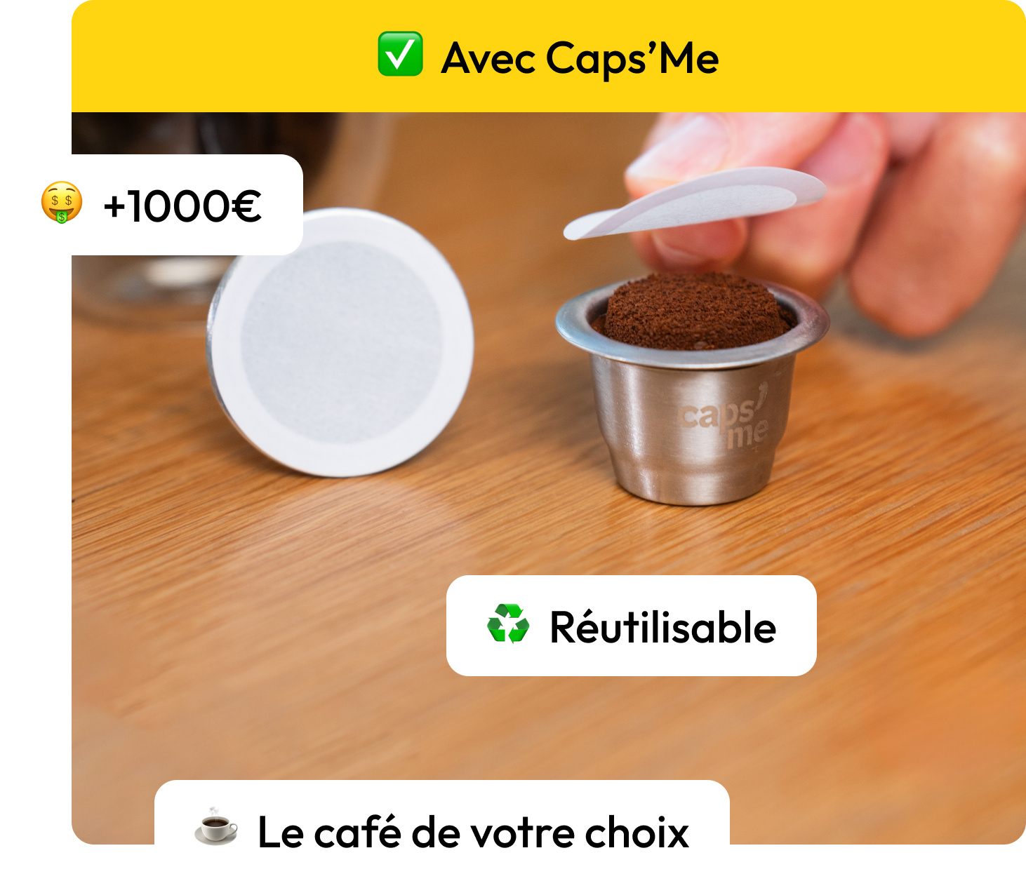 A hand places a paper lid on a reusable metal coffee capsule filled with coffee grounds.