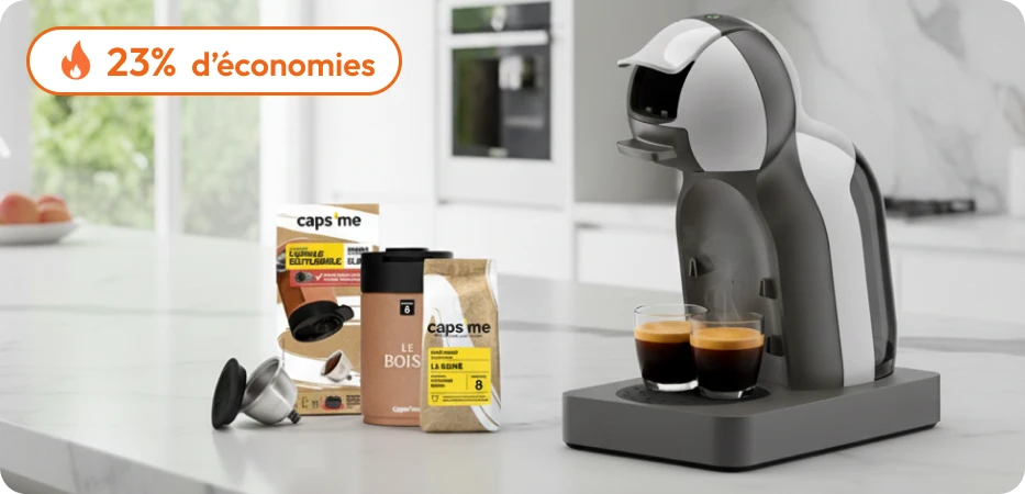 Two black espresso machines with Caps me reusable pods, coffee, and a travel mug on a counter.