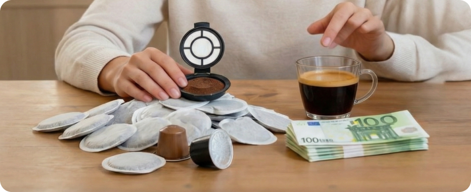 A person with a reusable coffee pod, a cup of coffee, and a stack of Euro banknotes.