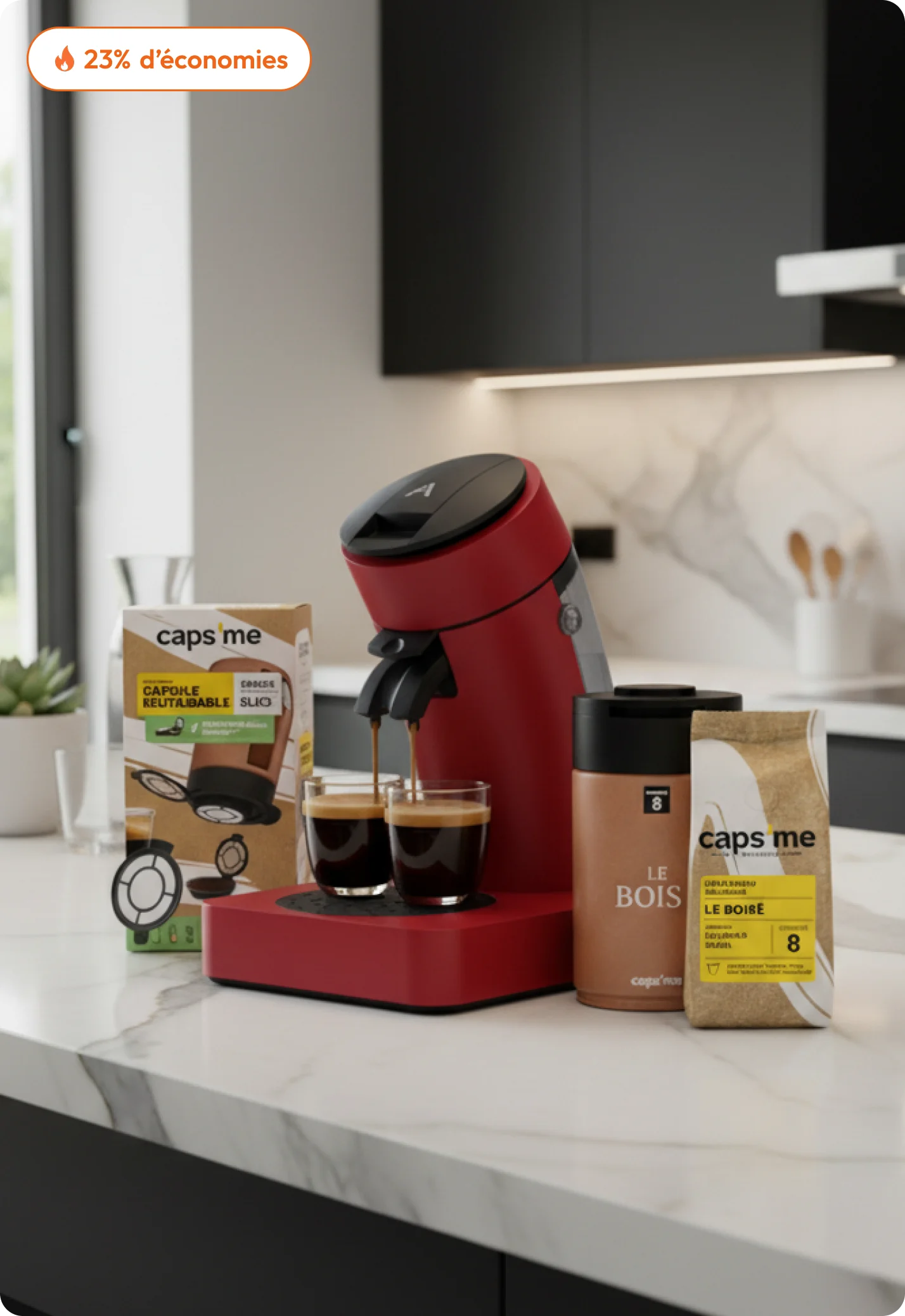 Two black espresso machines with Caps me reusable pods, coffee, and a travel mug on a counter.
