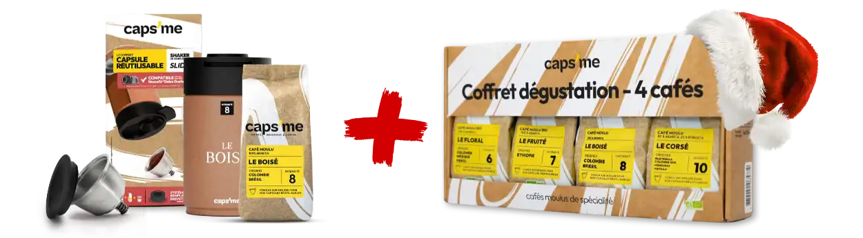 Coffee capsule kit with a holiday-themed packaging, featuring multiple coffee flavors.