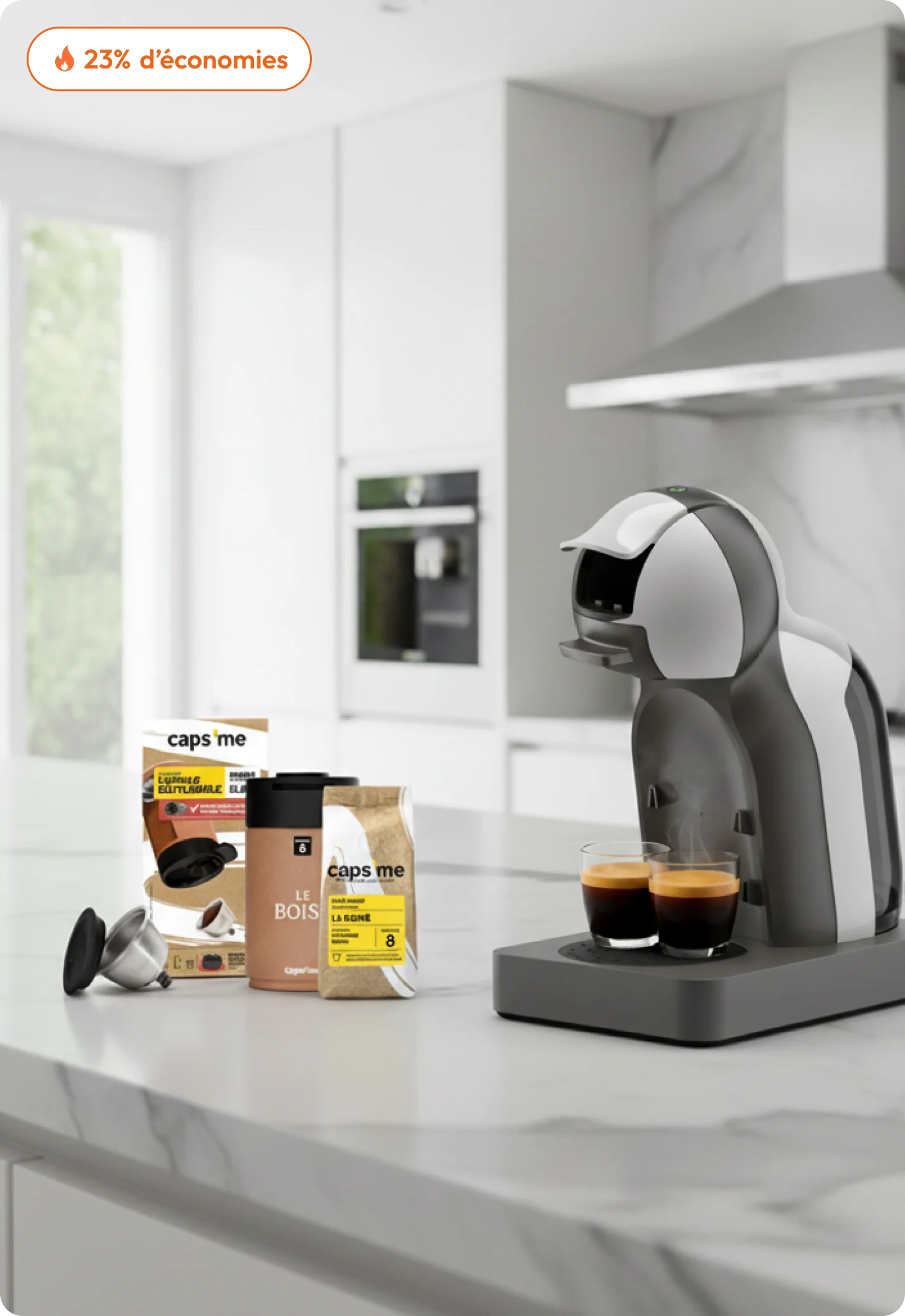 A single-serve coffee machine on a kitchen counter with two espressos and accompanying coffee products.
