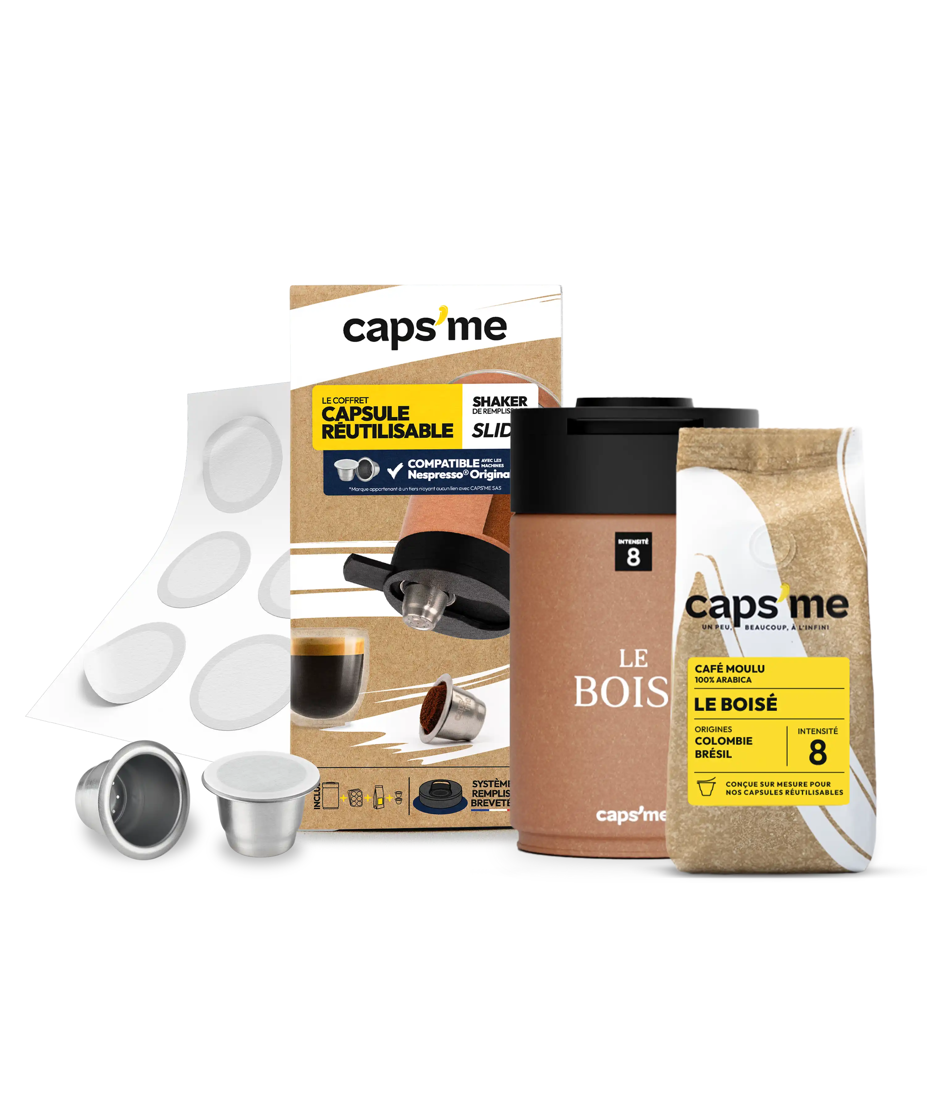 Herbruikbare koffie capsuleset met verpakking en koffiezakje.