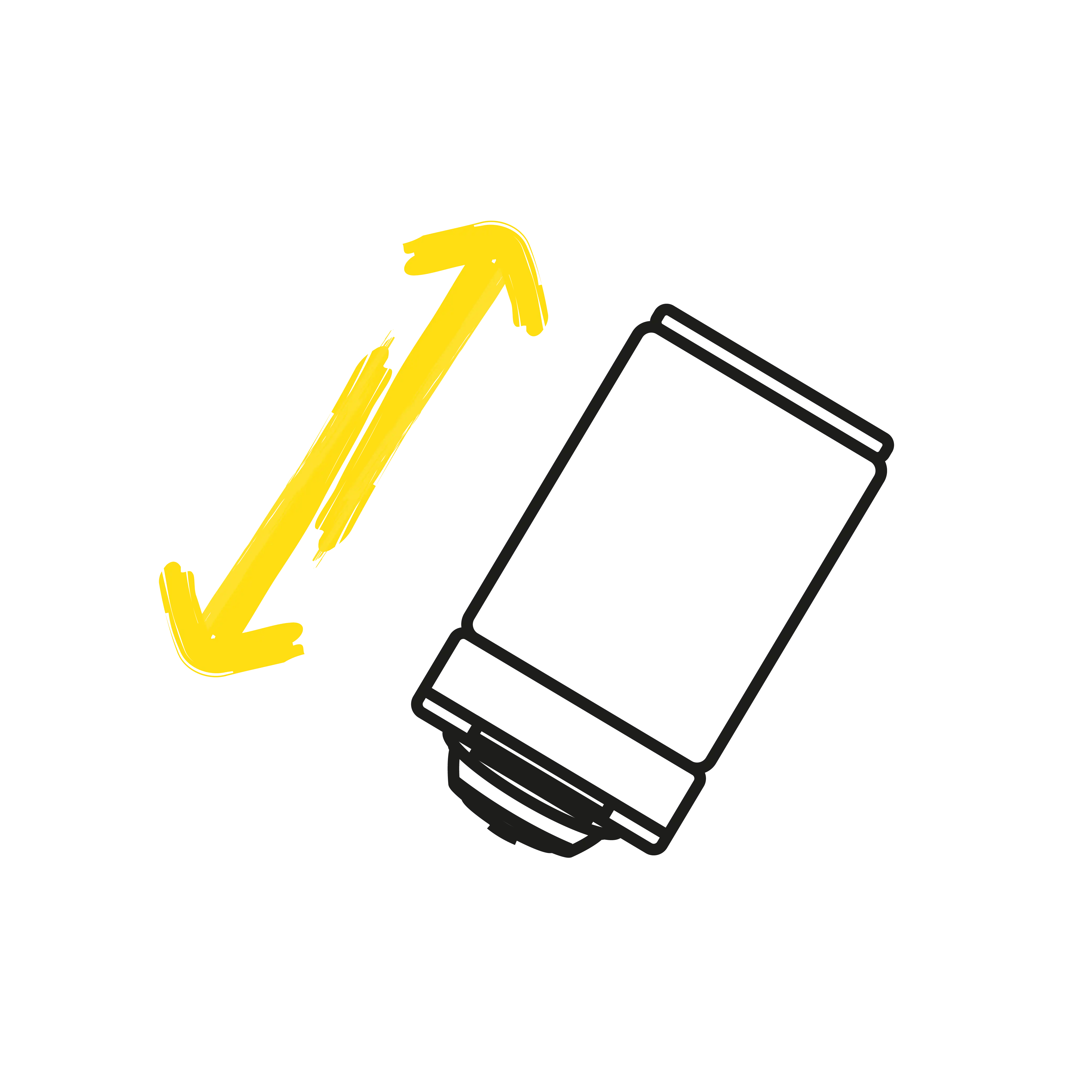 Illustration of a yellow double-headed arrow and a cylindrical object on a green background.