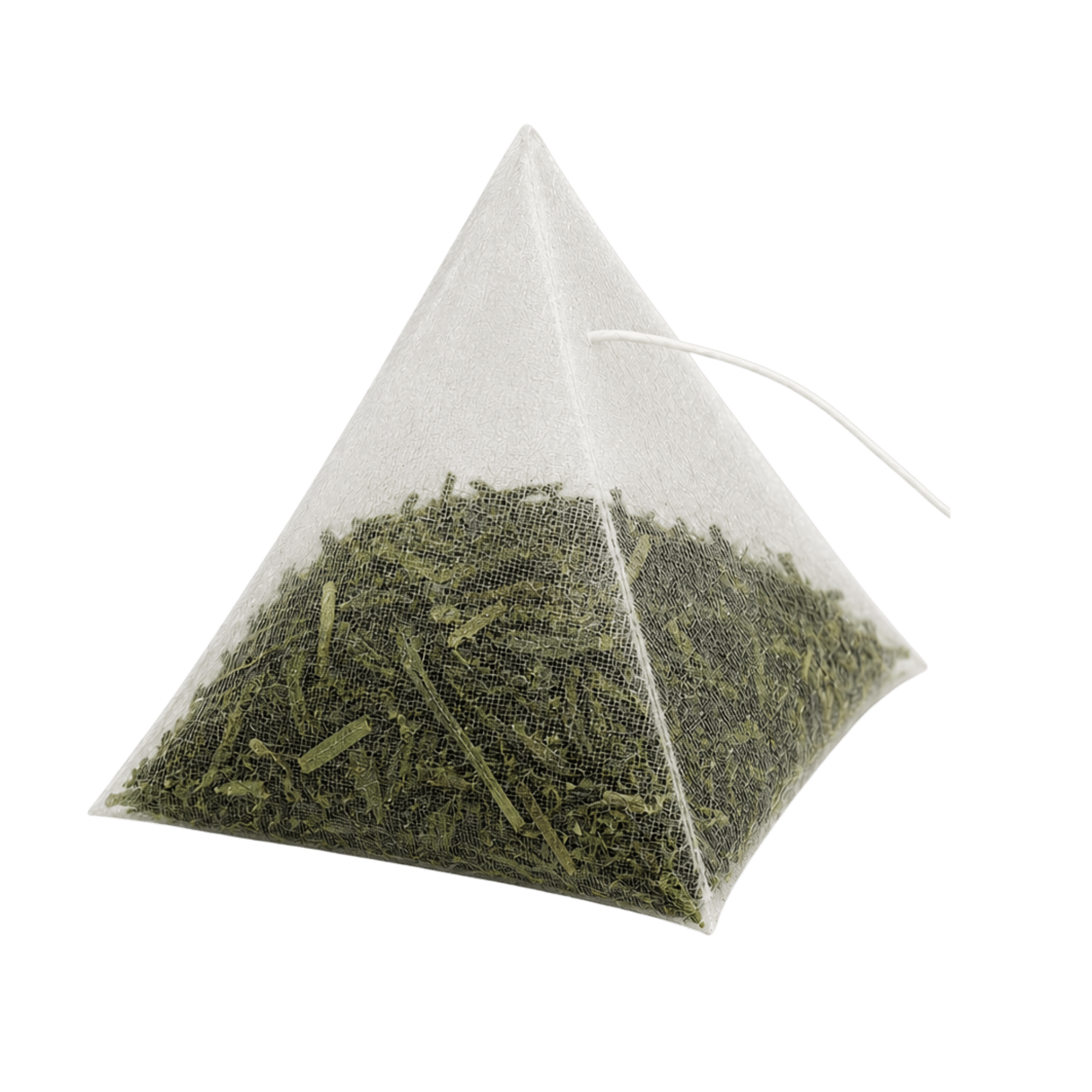 A single pyramid-shaped sachet of loose leaf green tea with a string, against a white background.