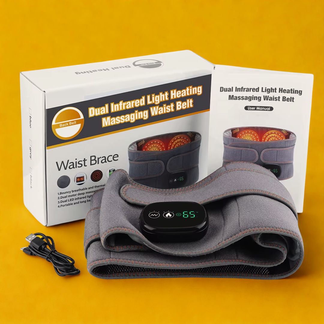 Dual infrared light heating massaging waist belt with packaging and USB cable on yellow background.
