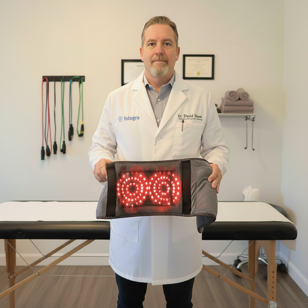 Man in lab coat holding device with glowing red lights.