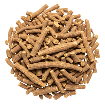 A pile of brown, cylindrical wooden sticks on a white background.