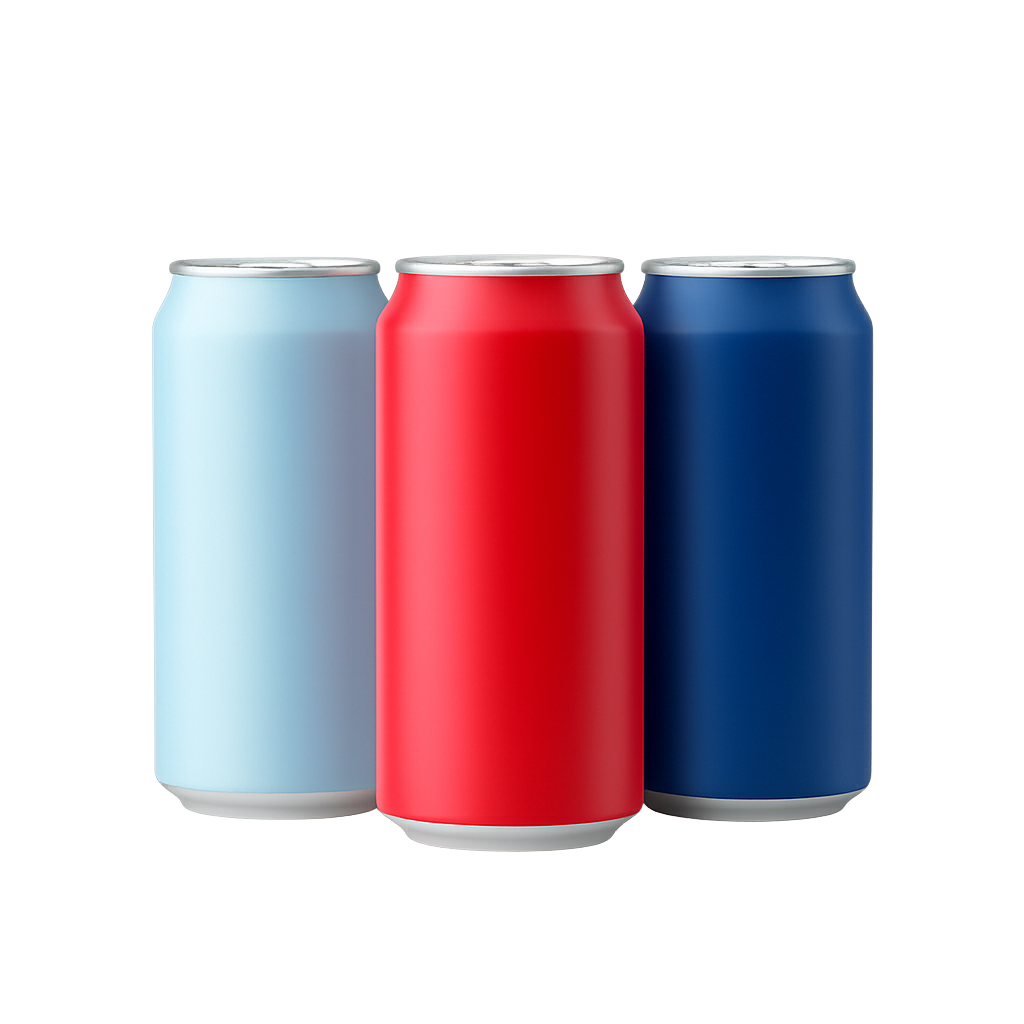 Three blank cans in light blue, red, and dark blue on a gradient background.