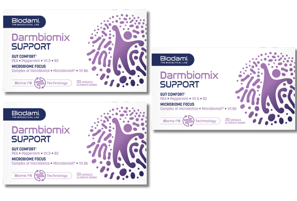 Three boxes of Darmbiomix Support with purple design and branding elements.