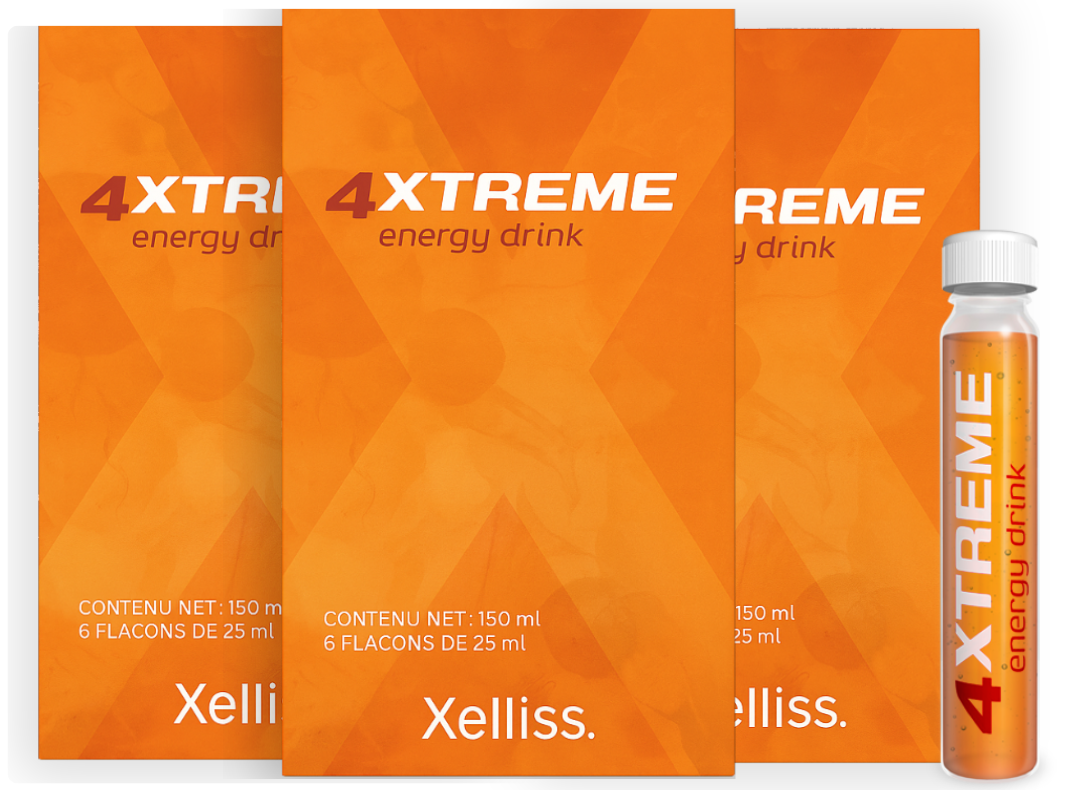 Orange packaging and bottle labeled '4XTREME energy drink' by Xelliss.