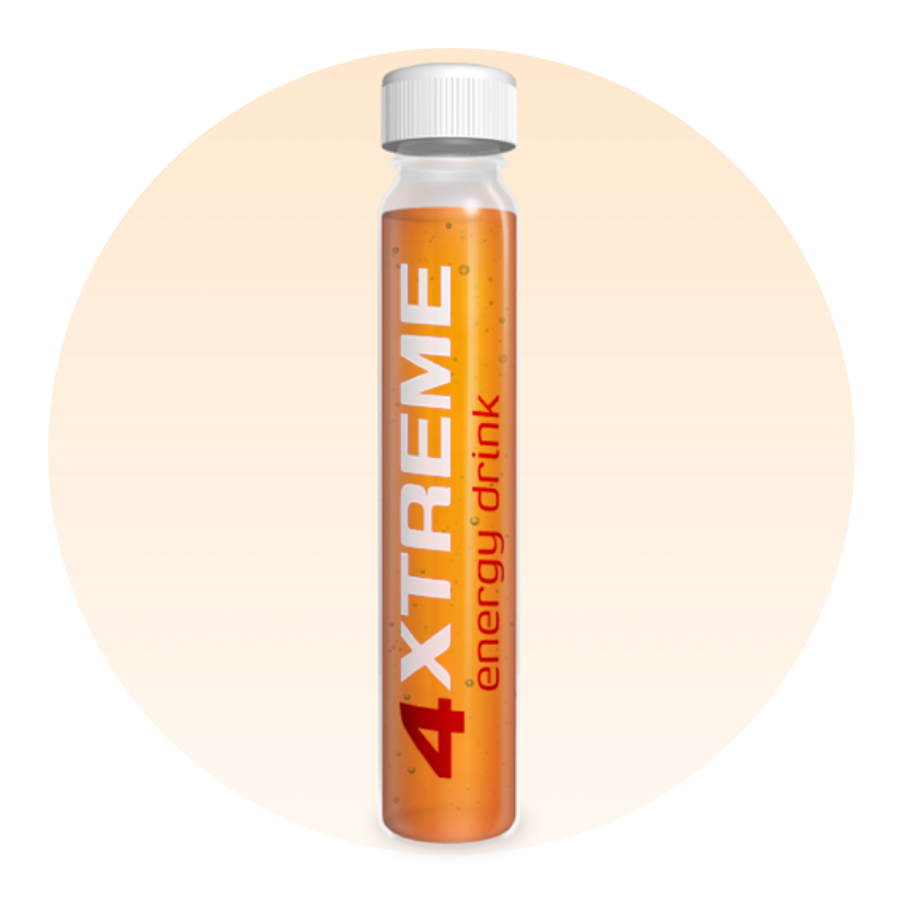 Test tube with orange liquid labeled '4XTREME energy drink.'