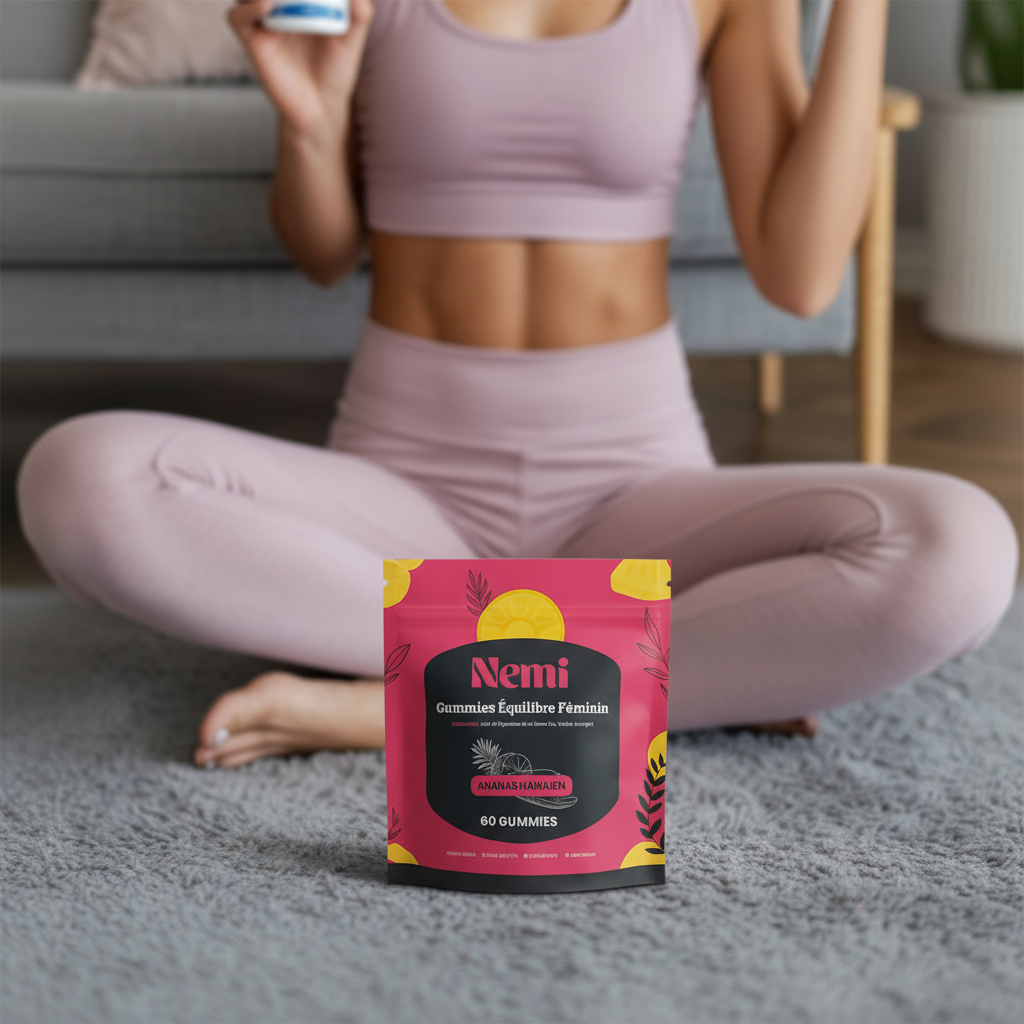 Person in yoga pose with gummy package in focus on grey carpet.