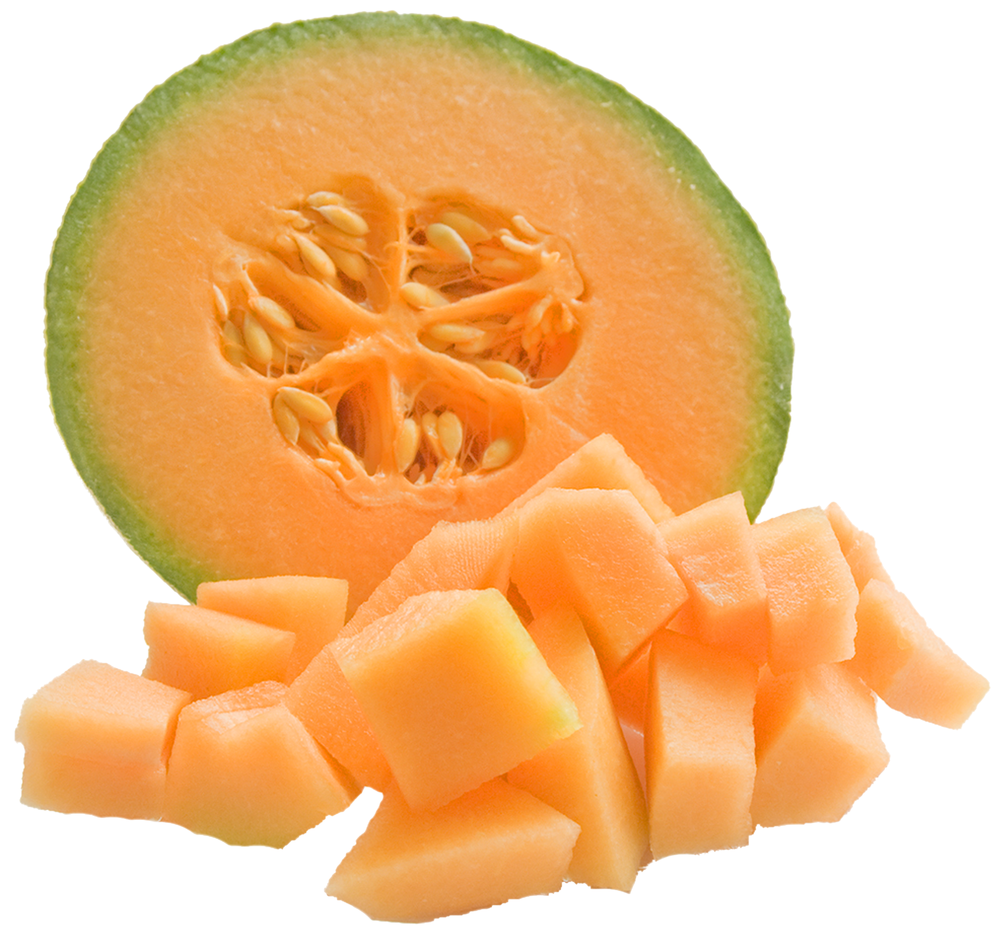 Sliced cantaloupe with seeds and diced pieces on a green background.