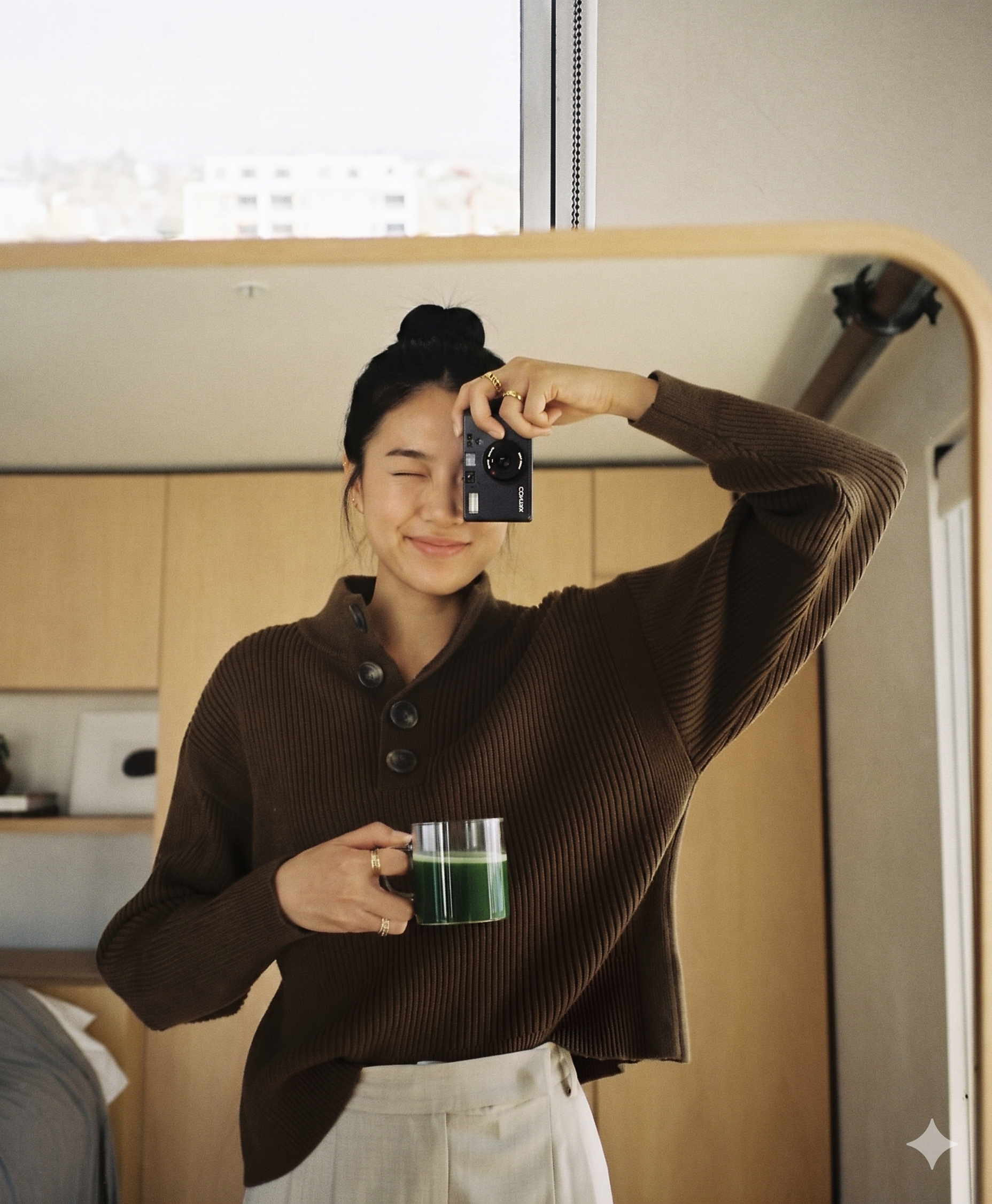 A woman winks while taking a mirror selfie with a camera and holding a green drink.