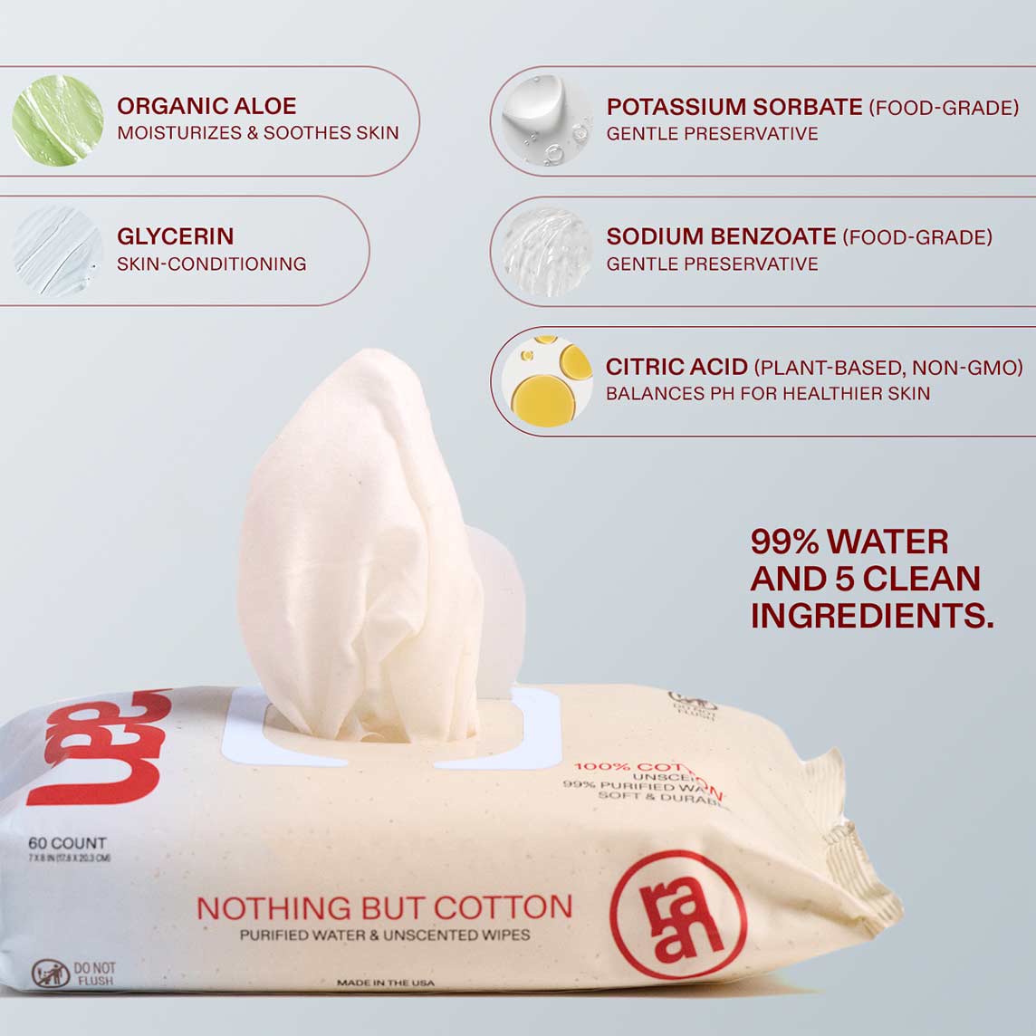 An advertisement for Rael cotton wipes showing the packaging and highlighting its five natural ingredients and their benefits.