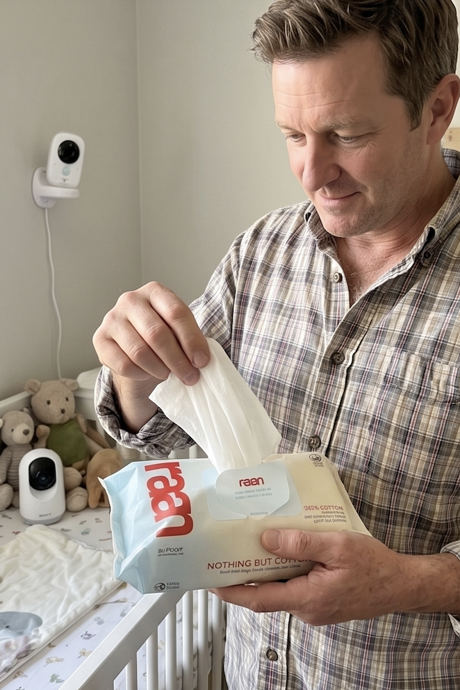 A man in a plaid shirt pulls a baby wipe from a package next to a crib.