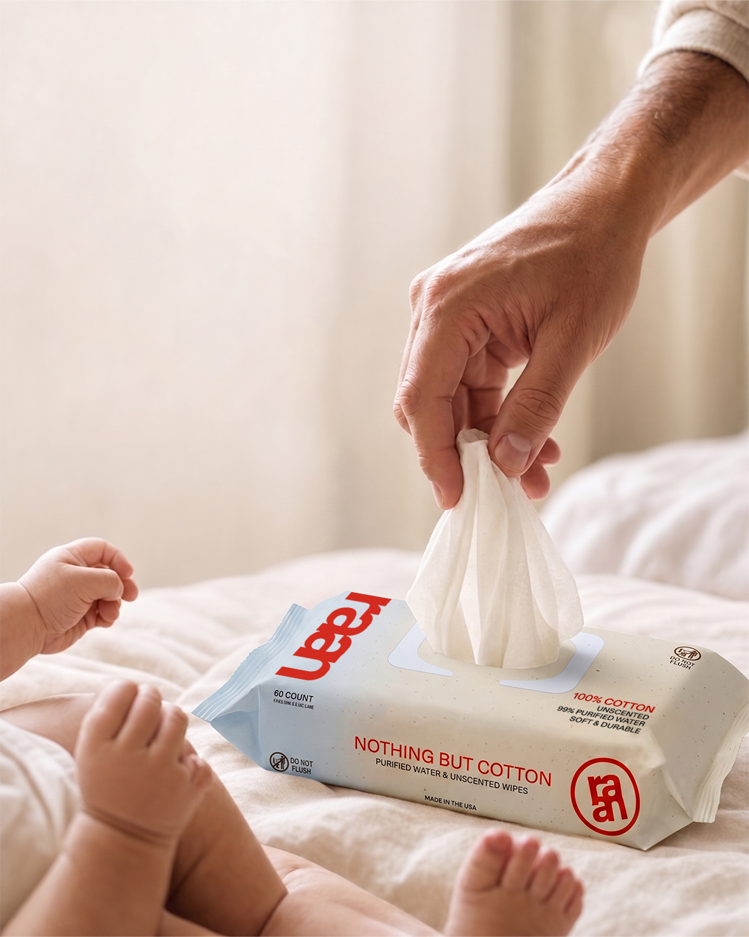A person's hand pulls a wipe from a package labeled 'Nothing But Cotton' next to a baby.