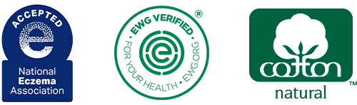 National Eczema Association, EWG Verified, and Cotton Natural certification logos displayed side-by-side.