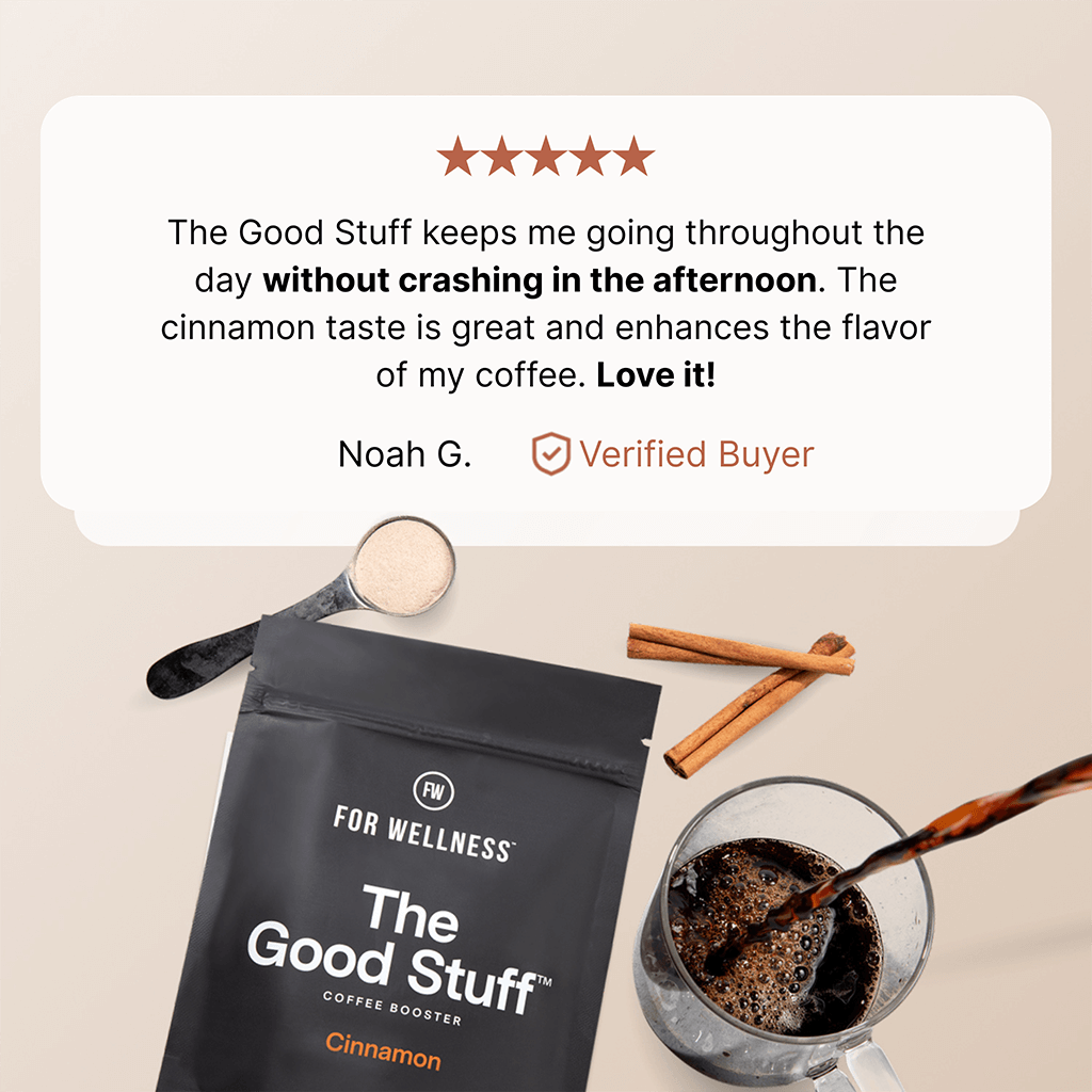 Coffee booster packet with cinnamon sticks, coffee cup, and customer review.