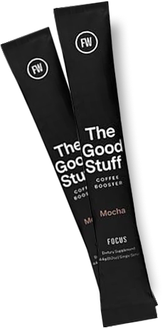 Two black sachets labeled 'The Good Stuff' coffee booster, mocha flavor.