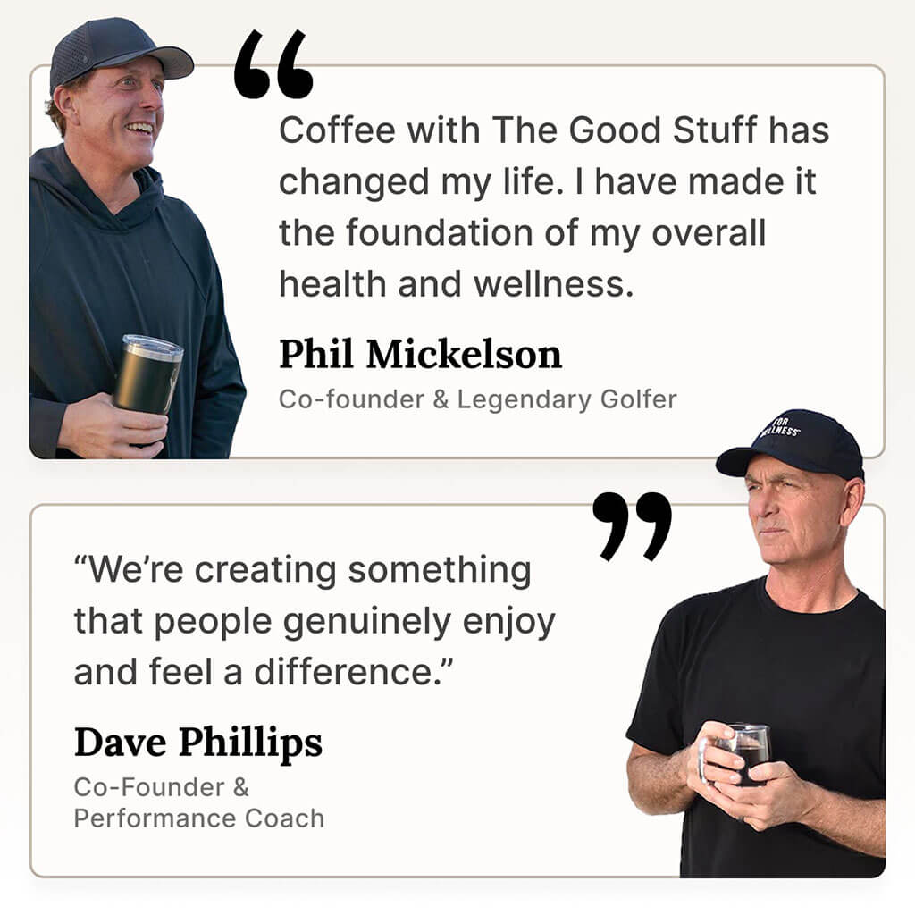 Two men holding drinks with quotes about coffee and wellness.