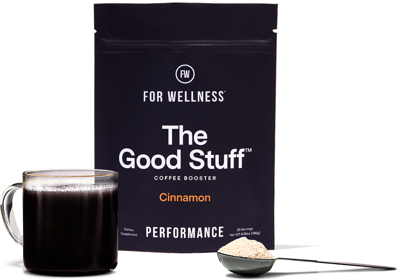 Coffee booster packet with a glass of dark coffee and a spoon of powder.