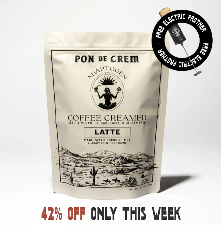 Pon de Crem coffee creamer package with 42% off promotion and free electric frother offer.