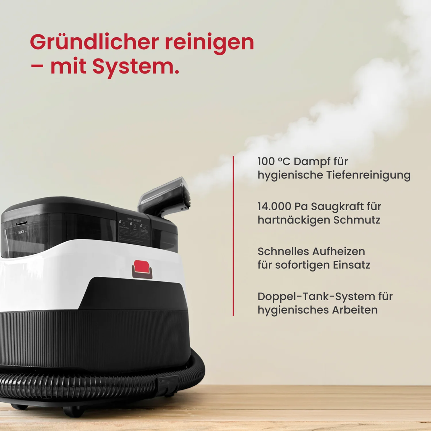 A black and white steam cleaner on a wooden surface, emitting steam, next to German ad copy.