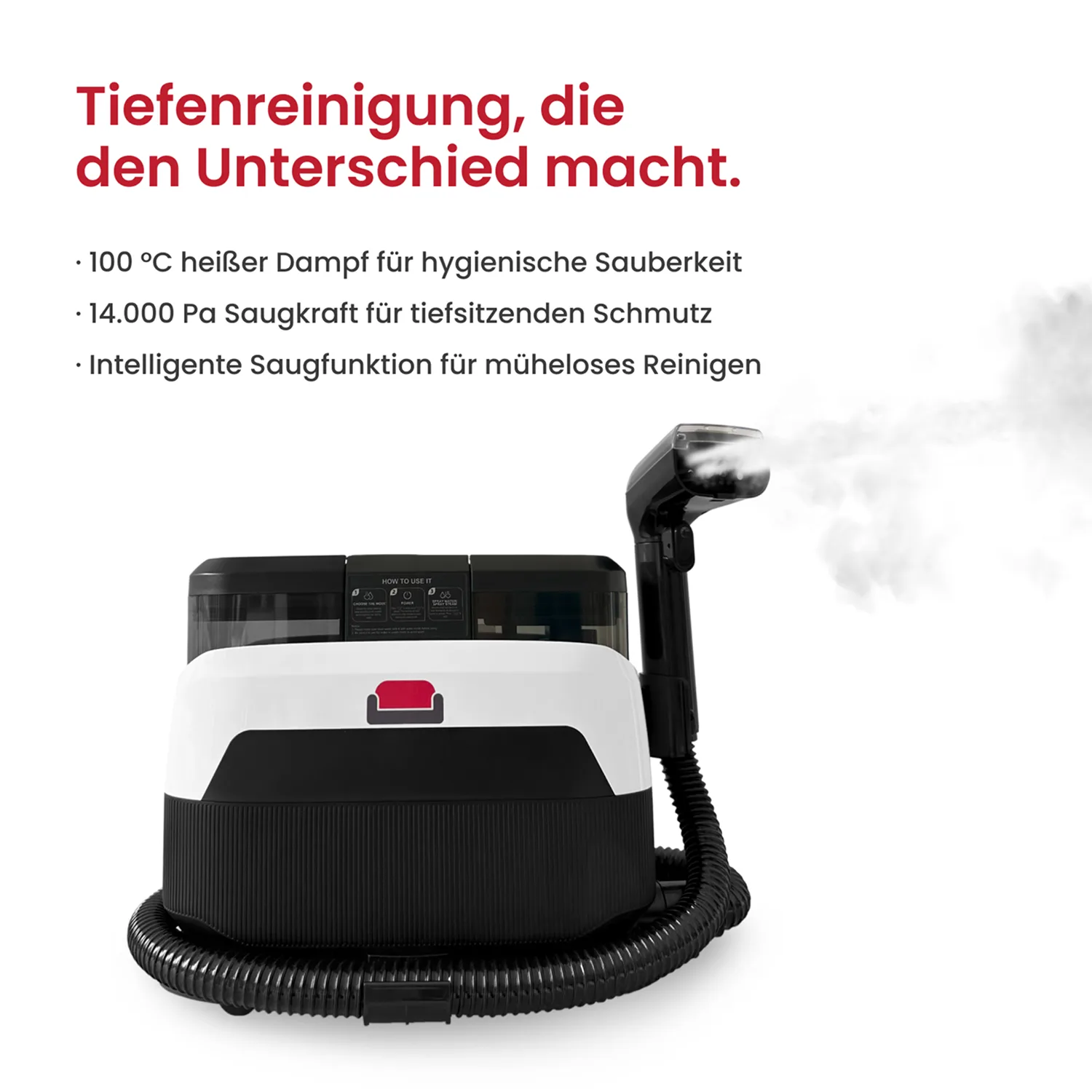 A black and white steam cleaning appliance for upholstery, with its nozzle emitting steam against a white background.