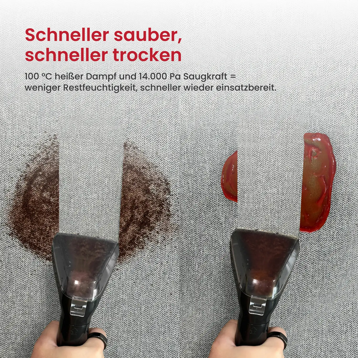 A before-and-after image showing a handheld cleaner removing a brown stain and a red stain from fabric.