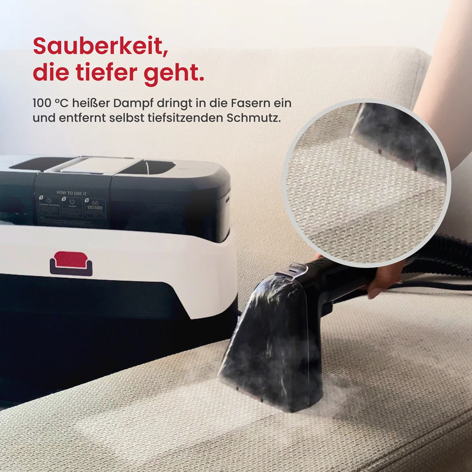 A steam cleaner machine is used on a light-colored sofa, with a magnified inset showing the fabric.
